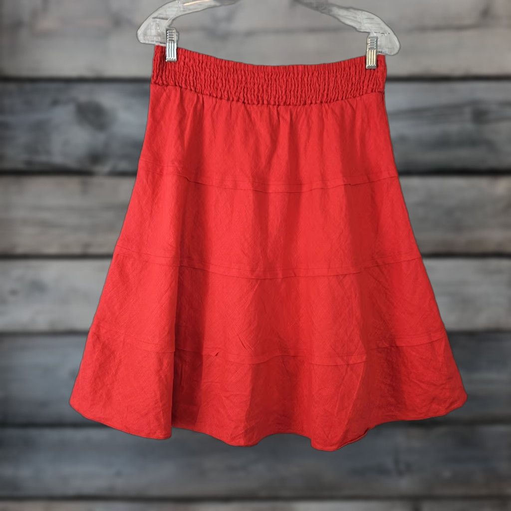 Soft Surroundings Soft Surroundings Skirt Womens A-Line Knee Length Solid Red Linen Tiered Smocked Waist Size M Size 32" / US 10 / IT 46 - 1 Thumbnail