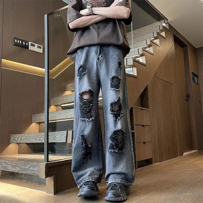 Japanese Brand Retro loose wide leg straight leg ripped jeans Size US 32 / EU 48 - 5 Thumbnail