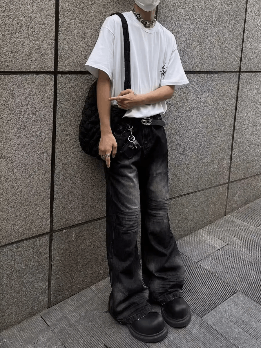 Designer × Jean × Vintage Street ripped corrugated Y2K pleated micro-flared jeans Size US 29 - 4 Thumbnail