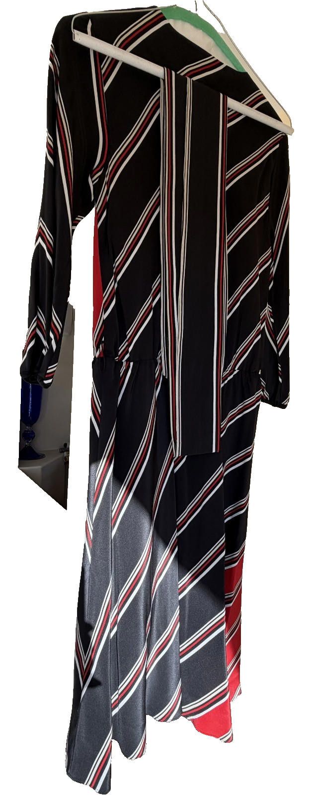Other WHBM 100% Silk Faux Wrap Dress Red Black Stripe Long Sleeve Size S / US 4 / IT 40 - 2 Thumbnail