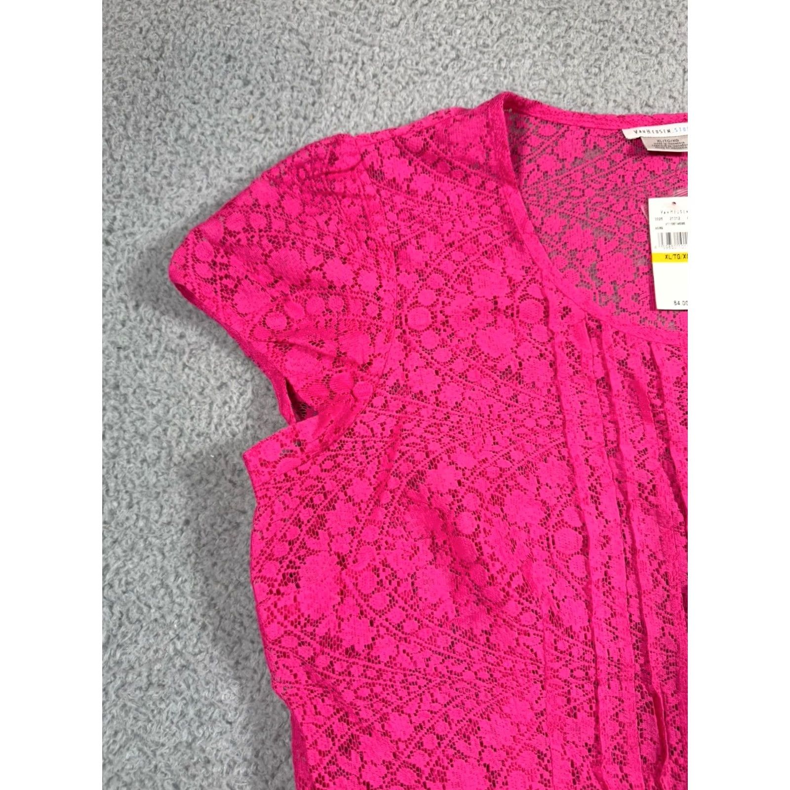 Van Heusen Van Heusen Studio Stretch Women's XL Top Pink Sleeveless Pullover Lace Blouse Button Dressy Casual Shirt Size XL / US 12-14 / IT 48-50 - 6 Thumbnail