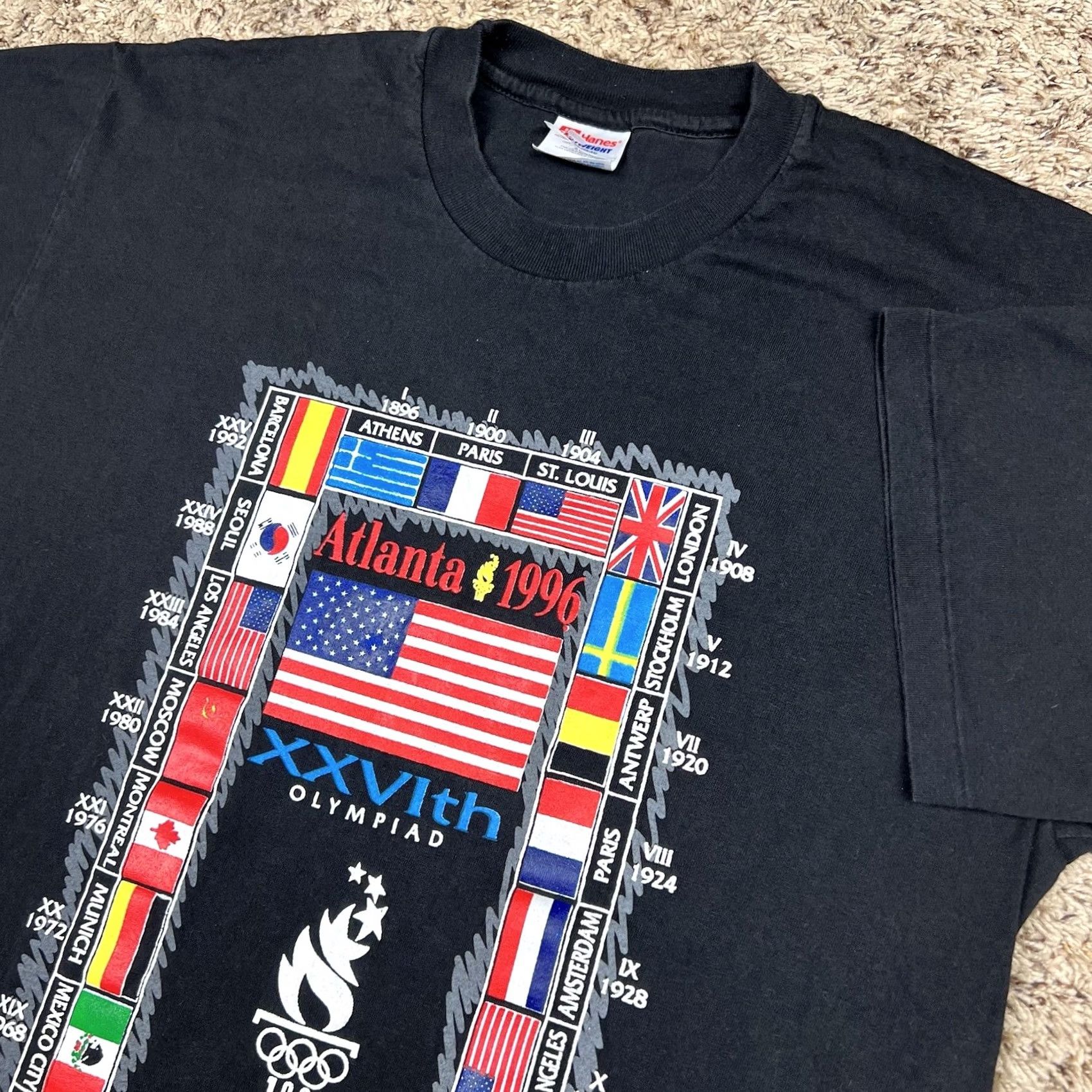 Hanes VINTAGE 1996 Olympics Atlanta Hanes T-Shirt Large Black Graphic 90s Single Stitch Size US L / EU 52-54 / 3 - 4 Thumbnail