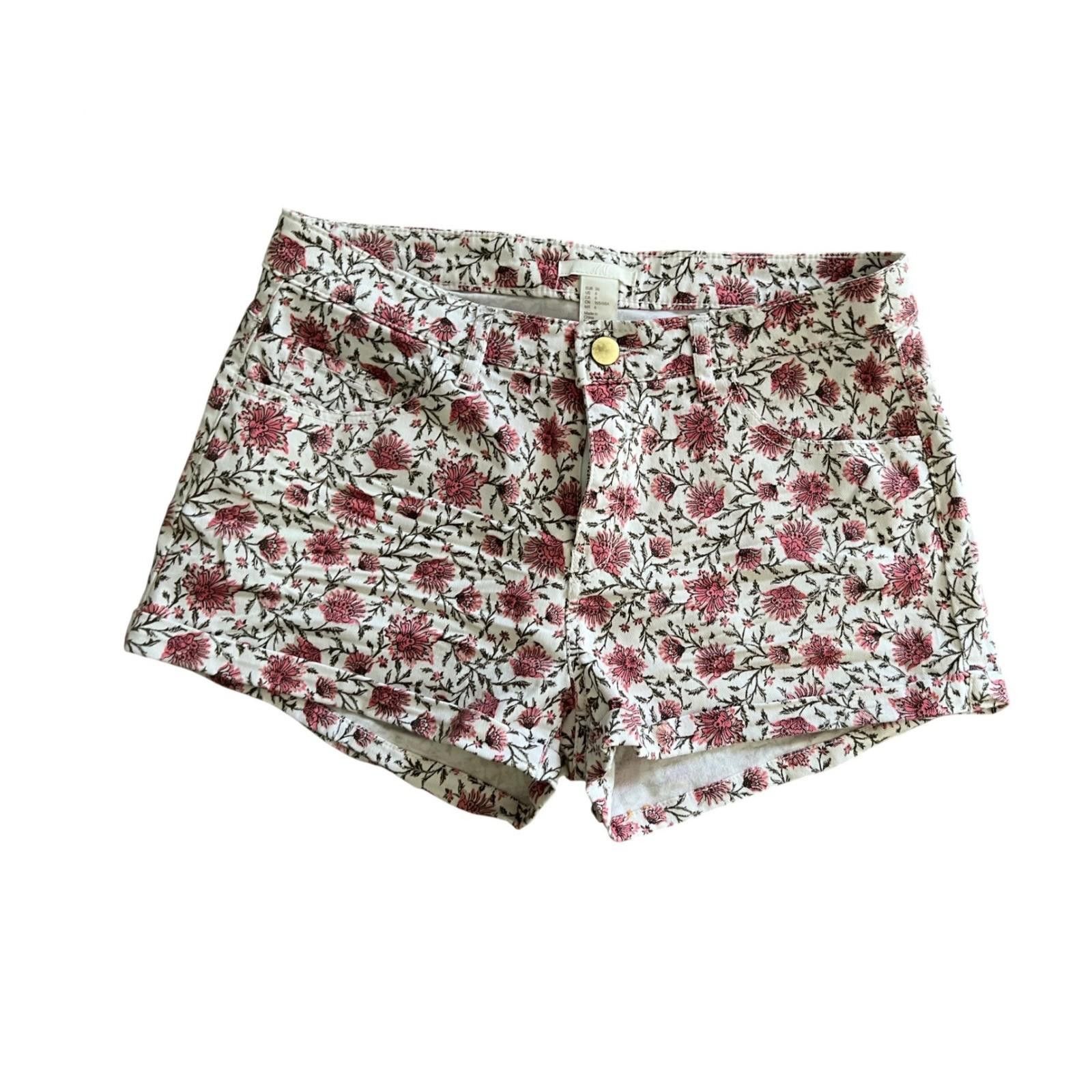 H&M HM Womens Floral Denim Shorts Pink White High Waisted Size 6 Size 28" / US 6 / IT 42 - 2 Thumbnail