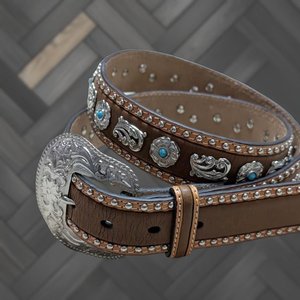 Vintage VINTAGE NOCONA belt western Studded tooled leather 38 TURQUOISE brown Concho Southwestern Texas Lonestar Mens Belt 1-1/2" Adult 38 Size 38 - 1 Thumbnail