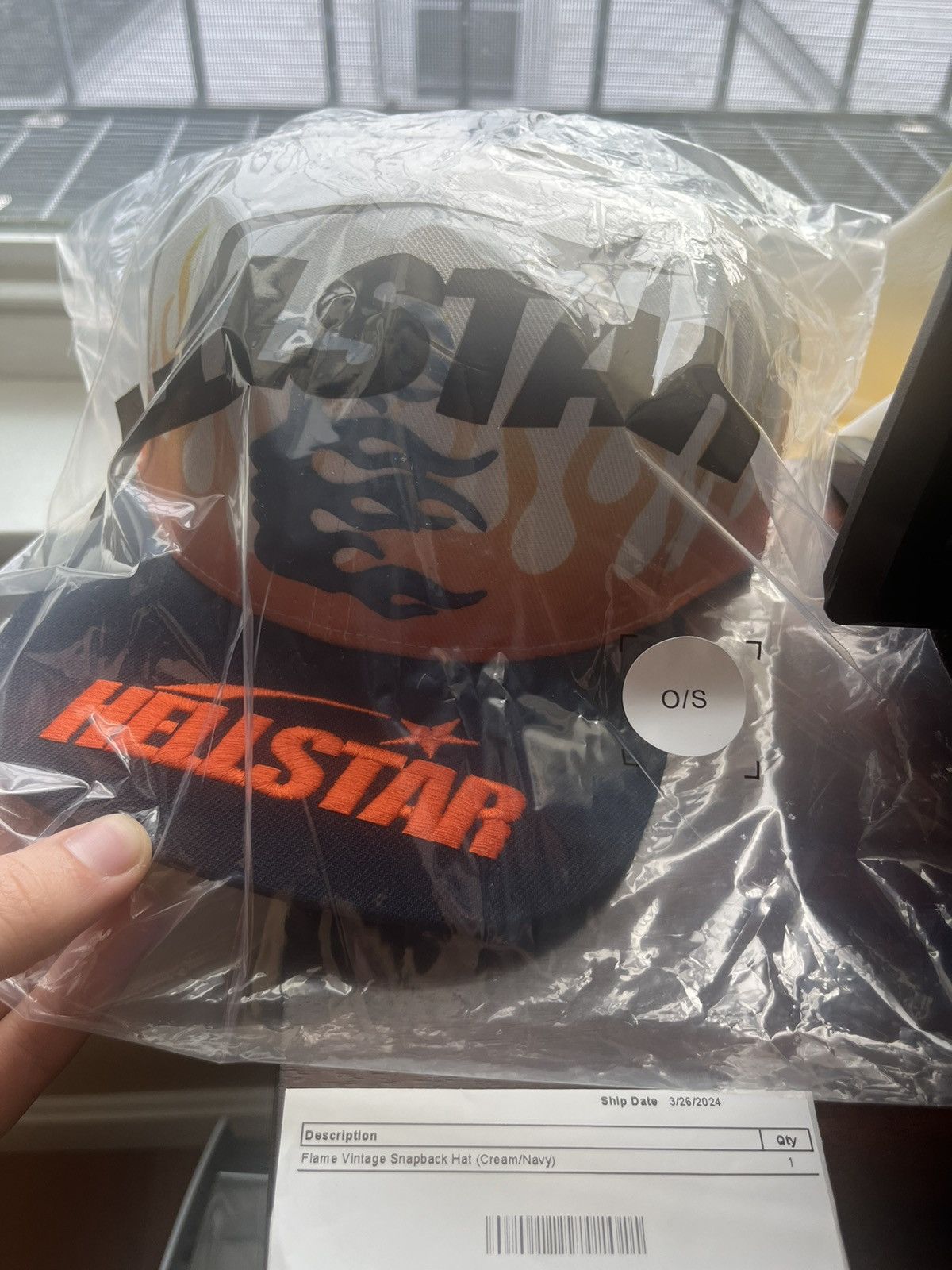 image of Hellstar Cream/navy Flame Vintage Snapback in Navy Cream, Men's