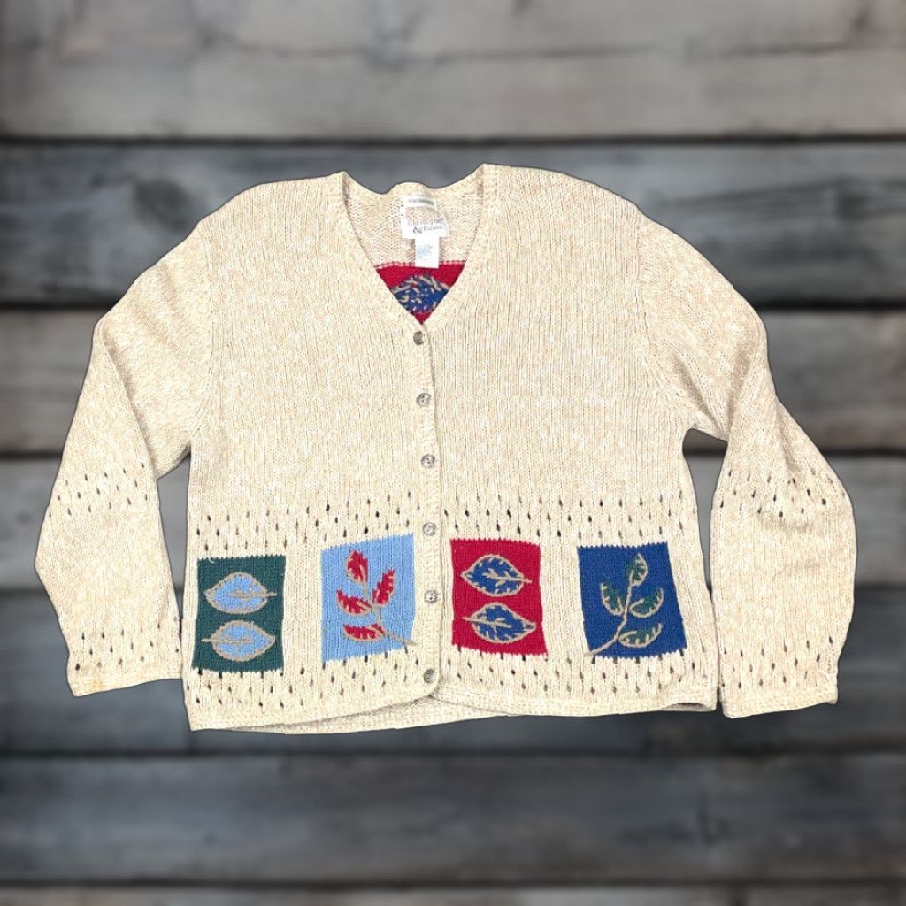 Vintage Christopher & Banks Women's Cardigan Sweater L Beige Hand Embroidered Leaf Knit Casual 90s Outdoor Size L / US 10 / IT 46 - 1 Thumbnail
