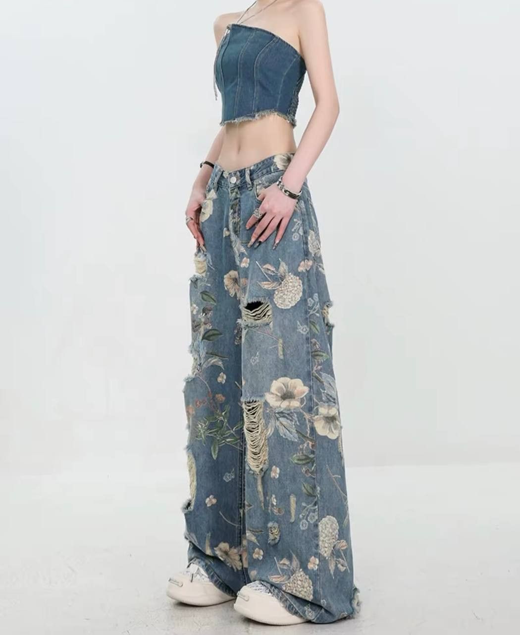 Japanese Brand × Vintage ripped wide leg pants with a design Size 26" / US 2 / IT 38 - 3 Thumbnail