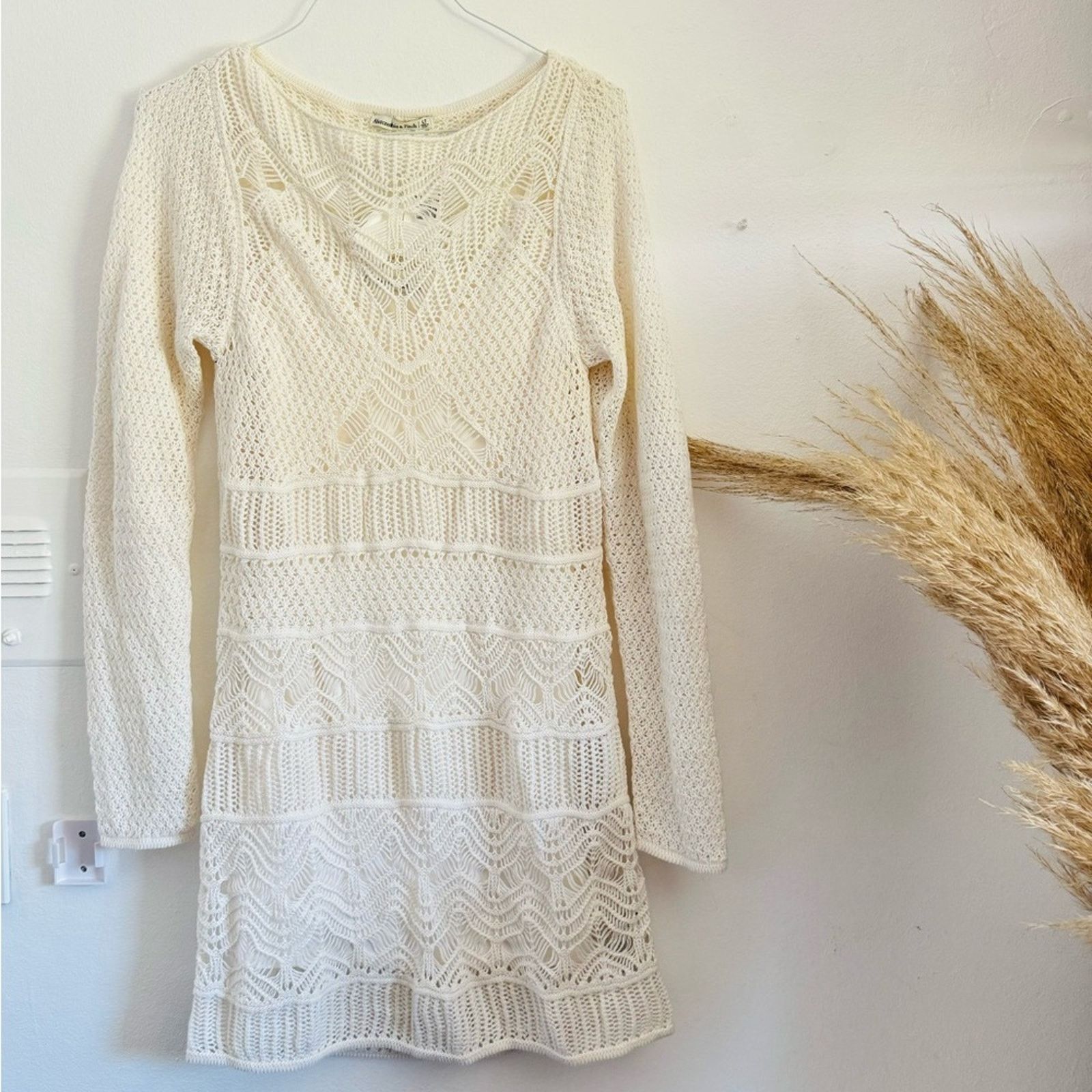 NEW ABERCROMBIE White Crochet Long Sleeve Mini Sweater Dress