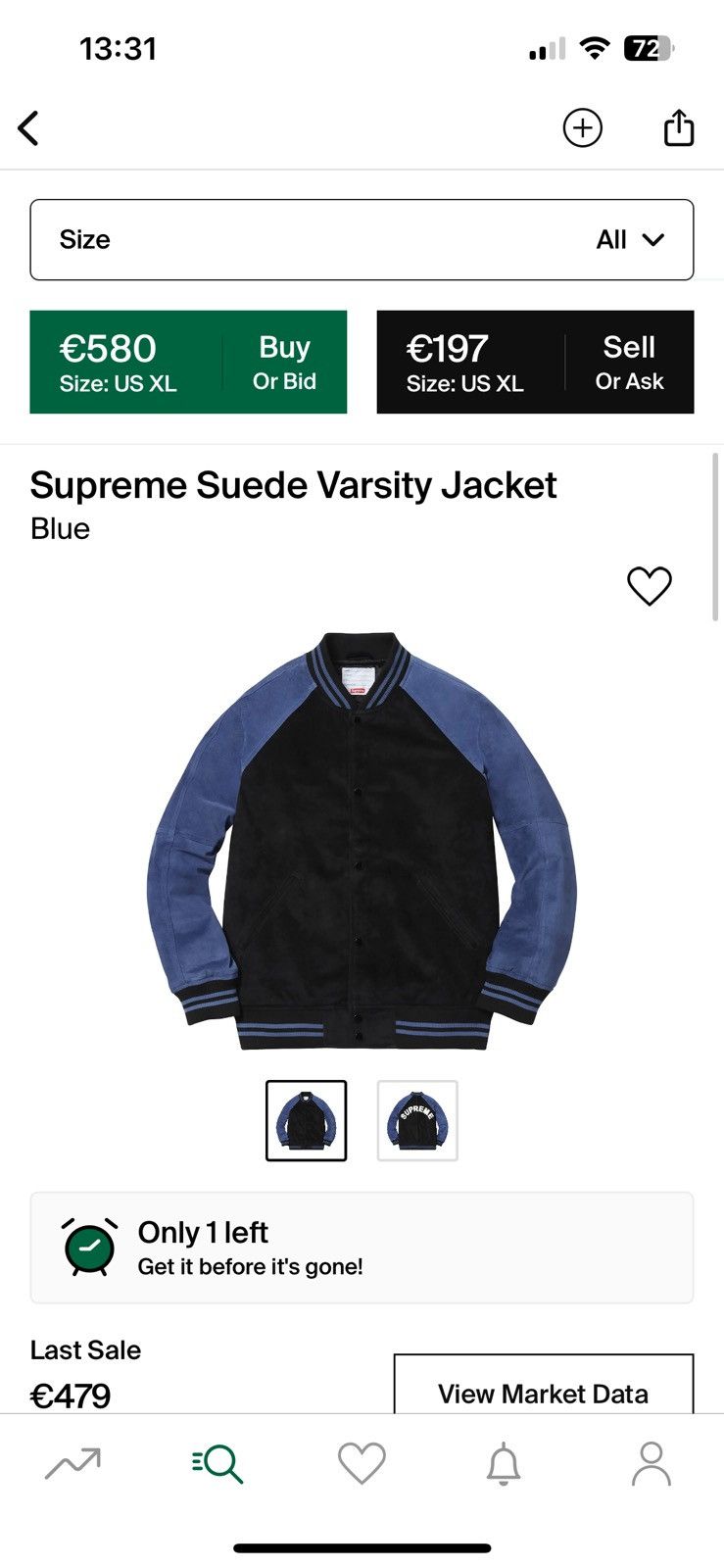 image of Supreme Suede Varsity Jacket in Blue, Men's (Size Medium)