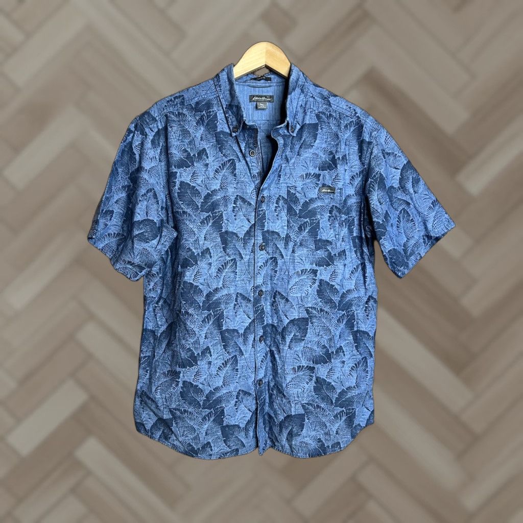 Eddie Bauer Eddie Bauer Shirt Mens L Blue Linen Blend Outdoor Camp Flora Hawaiian Short Sleeve Button-Up Collared ------------- Size US L / EU 52-54 / 3 - 1 Thumbnail