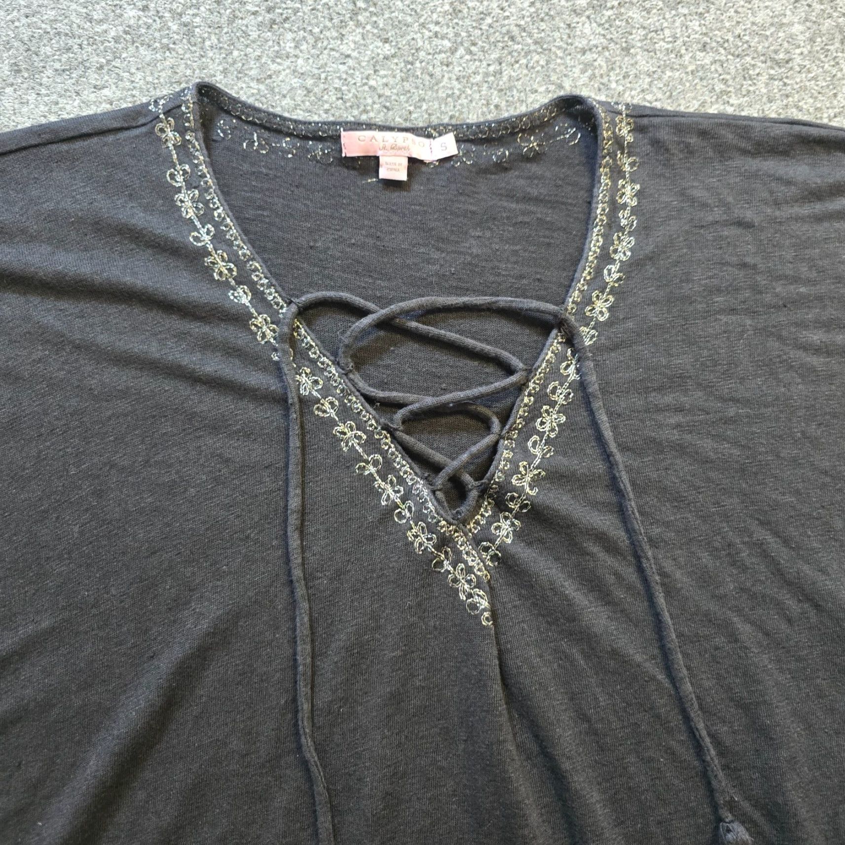 Vintage Calypso St Barth Blouse Shirt Womens Size S Black Linen Embroidered Boxy Boho Beachy Tunic Short Sleeve V-Neck Beach Summer Bohemian Mens? Size S / US 4 / IT 40 - 2 Thumbnail