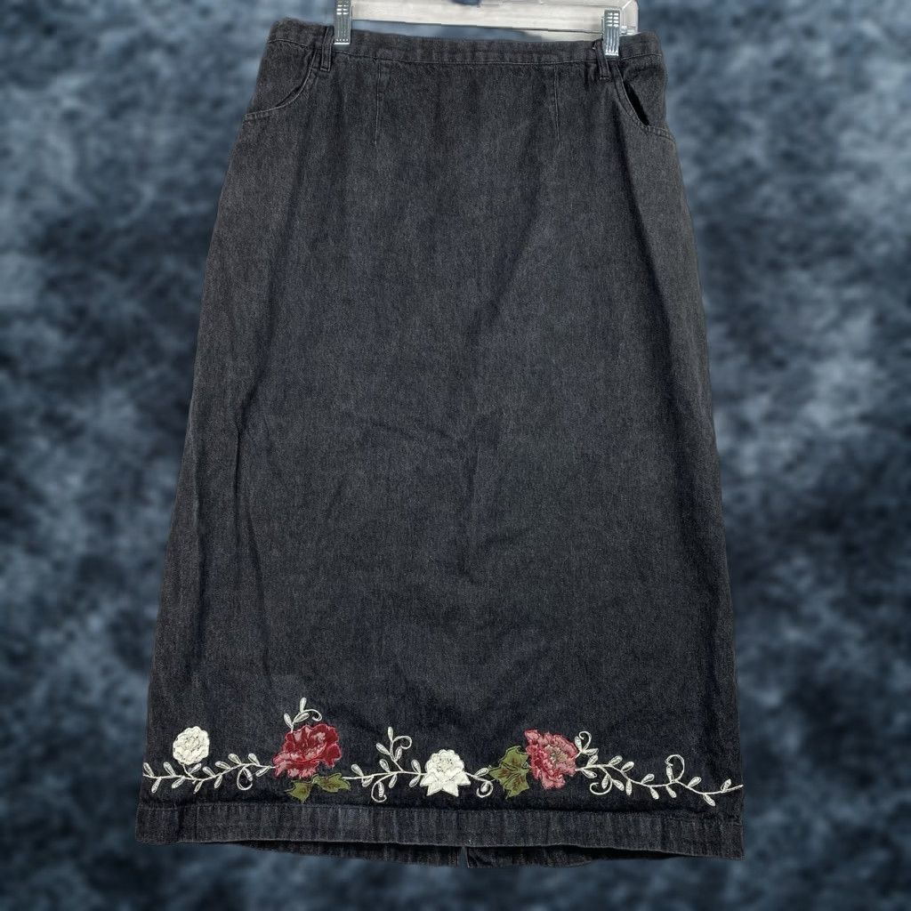 Denim & Co. VINTAGE Denim & Co Maxi Skirt 1X Black Floral Embroidered 90s Y2K Bohemian Hippie Festival 90s Men/S Women? Size 40" / US 18 - 1 Thumbnail