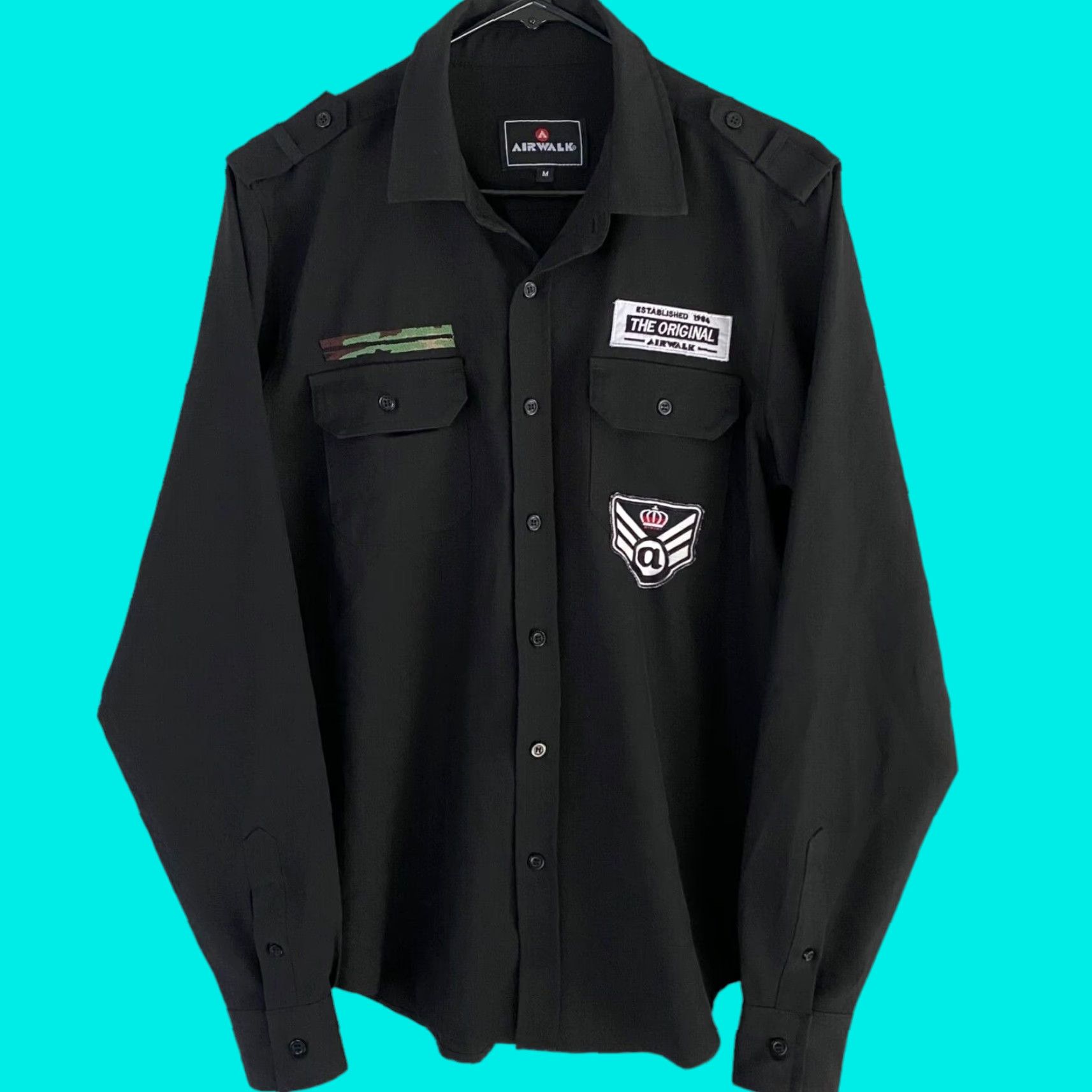 Airwalk Airwalk Button-Up Shirt Men’s Medium Black Military Skater Long-Sleeve Patches Size US M / EU 48-50 / 2 - 1 Thumbnail