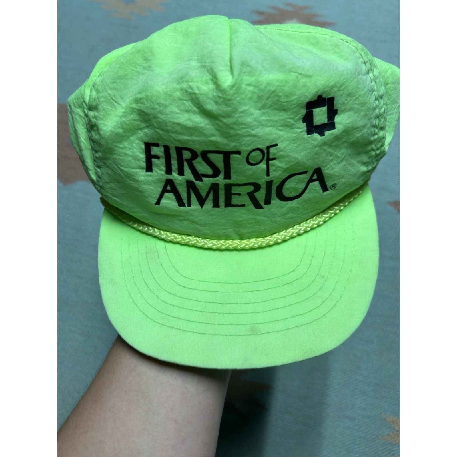 Vintage VINTAGE 90s Cap America SnapBack Hat Green Nylon Adjustable Mens Hi Vis Neon First of America Bank Cap America Shirt? Size ONE SIZE - 3 Thumbnail