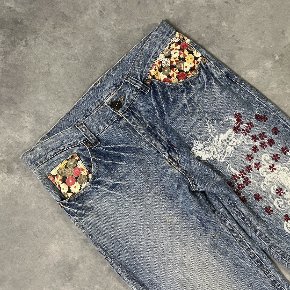 Japanese Brand Vintage Japanese Sakura & Crane Wave Embroidery Denim Size US 34 / EU 50 - 2 Thumbnail