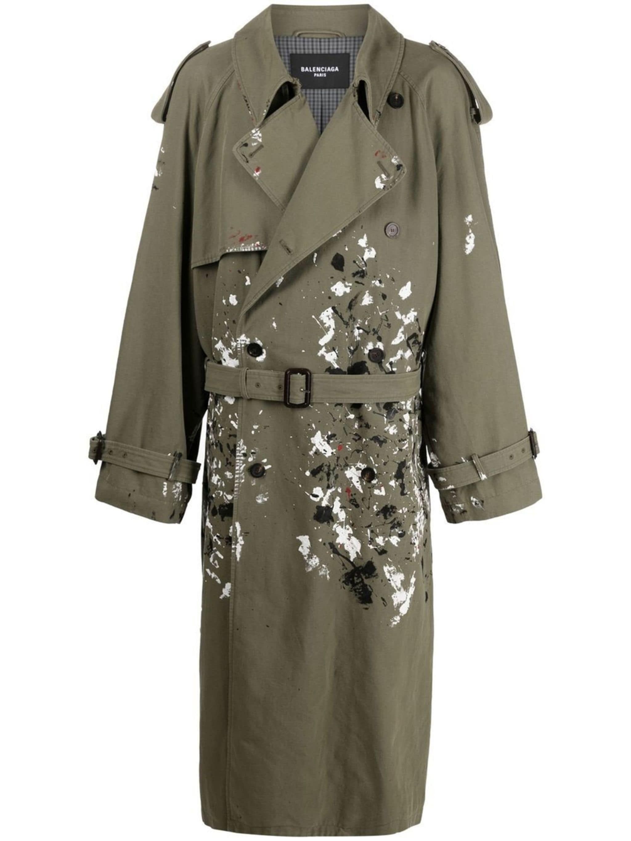 image of Balenciaga Artist Paint Splatter Trench Coat in Khaki, Men's (Size Small)