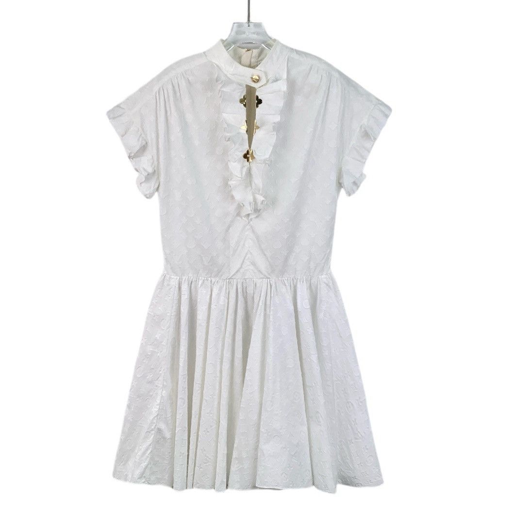 Louis Vuitton Louis Vuitton White Logo Embossed Cotton Lace Dress Size S / US 4 / IT 40 - 1 Thumbnail