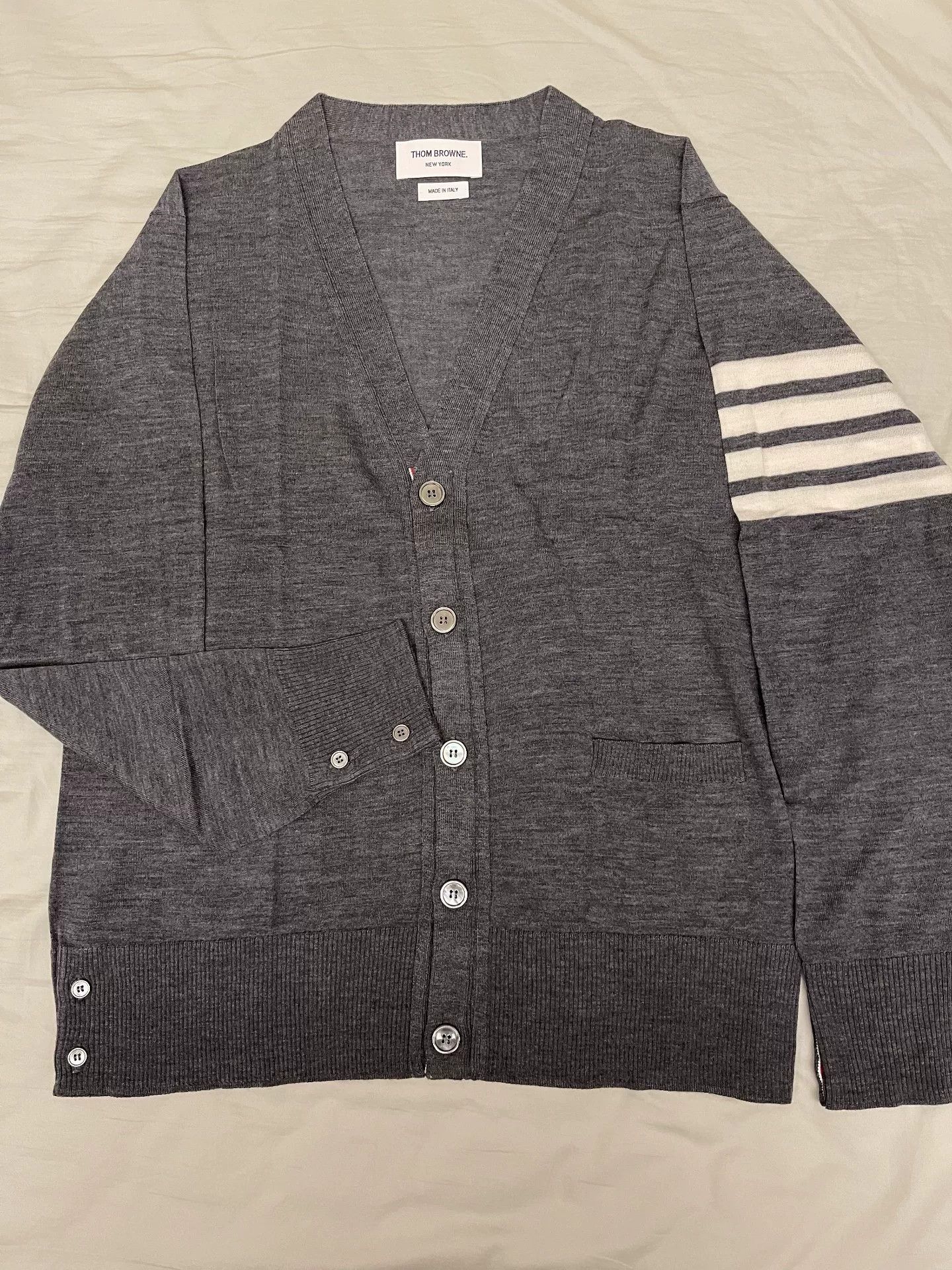Thom Browne Thom Browne Gray Wool Cardigan with Stripes Size US S / EU 44-46 / 1 - 1 Thumbnail