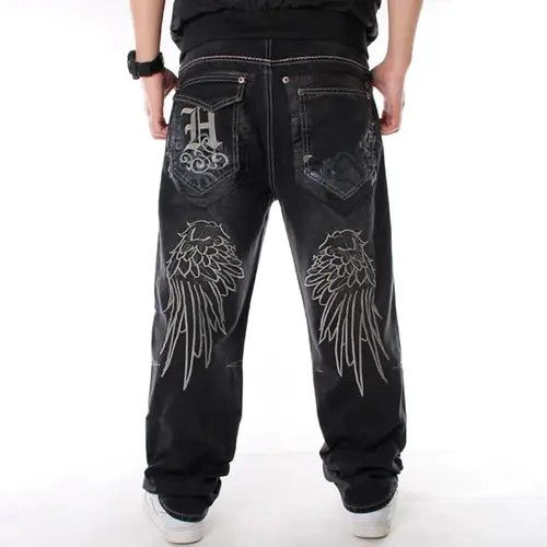 Image of Loose Baggy Jeans Hiphop Skateboard Denim Pants in Black, Men's (Size 34)