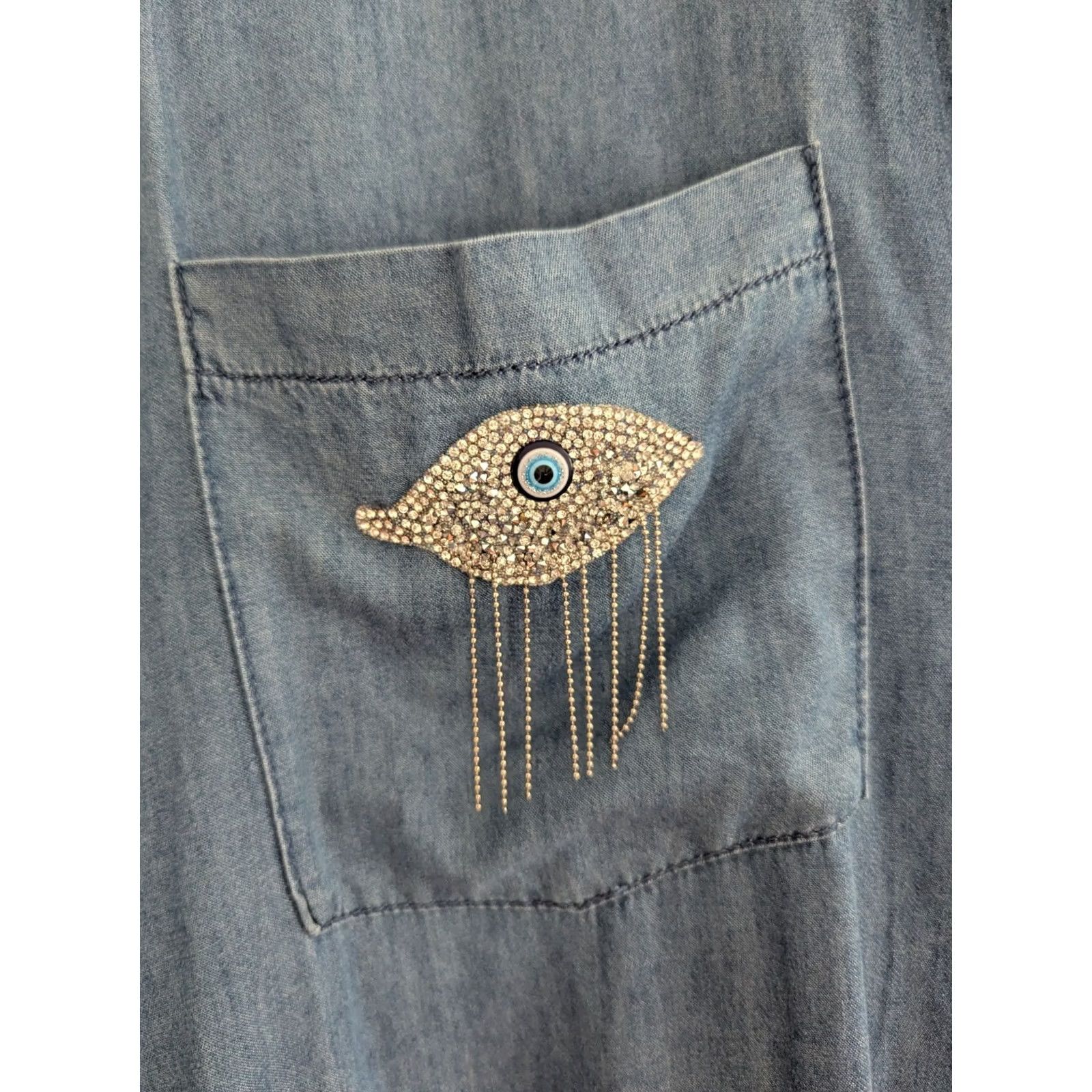 Vintage Gold SK Chambray Shirt Dress Blue Size 42 Rhinestone Eye Tassle Embellishment Women Size M / US 6-8 / IT 42-44 - 4 Thumbnail