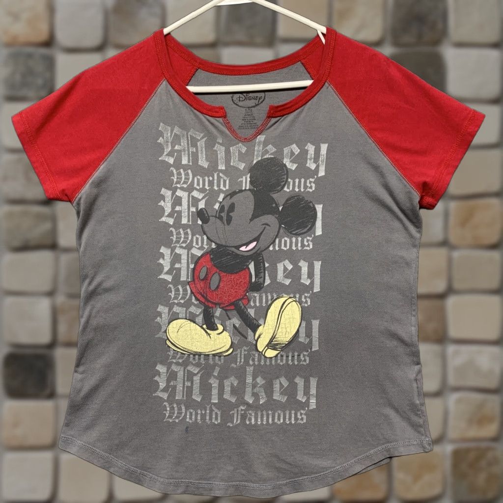 Disney Disney T-Shirt Juniors XL Mickey Mouse Gray Red Yellow Silver Cap Sleeve Short Sleeve Button Pullover Jersey Cotton 100% Regular Size XL / US 12-14 / IT 48-50 - 1 Thumbnail