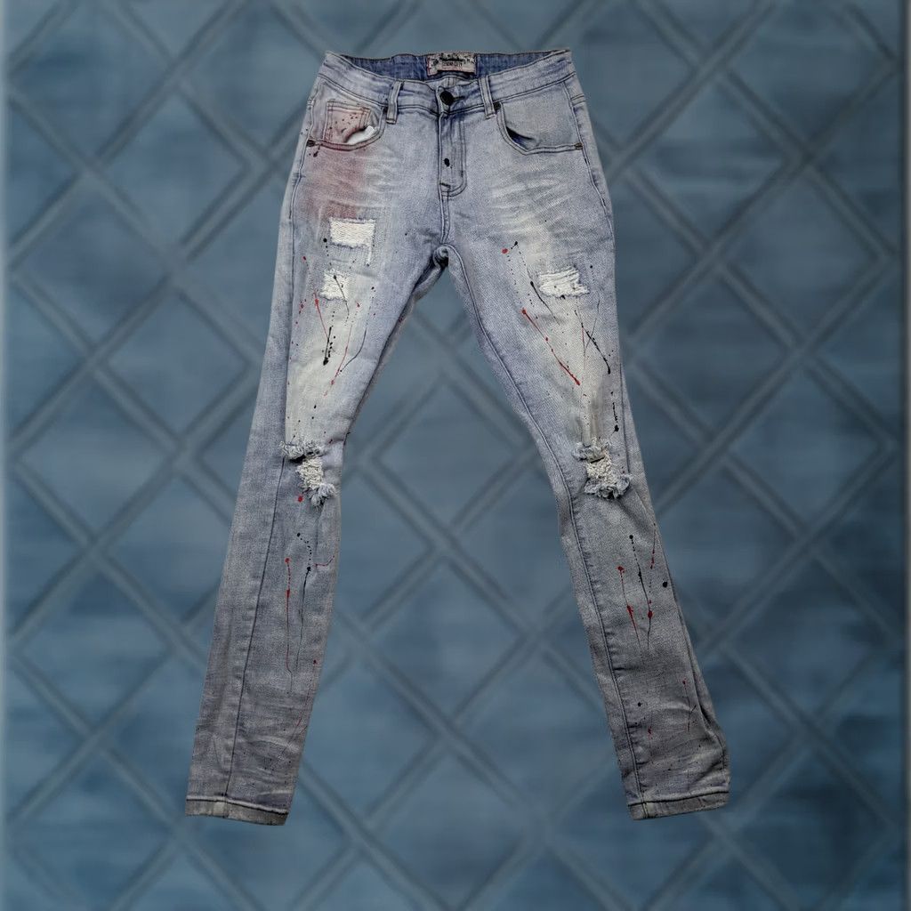 Vintage DENIMICITY Mens Jeans 30x32 Blue Destroyed Painted Light Wash Skinny Low Rise Denimicity Jeans Slim 30x32 Mens Jeans Blue 90s? Size US 30 / EU 46 - 1 Thumbnail