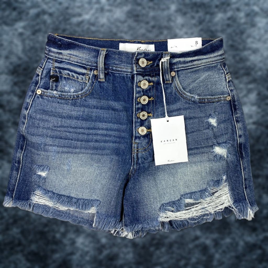 Vintage KanCan Shorts Womens Sz S Dark Wash Denim Distressed High Rise Button Fly NWT Size 28" / US 6 / IT 42 - 1 Thumbnail