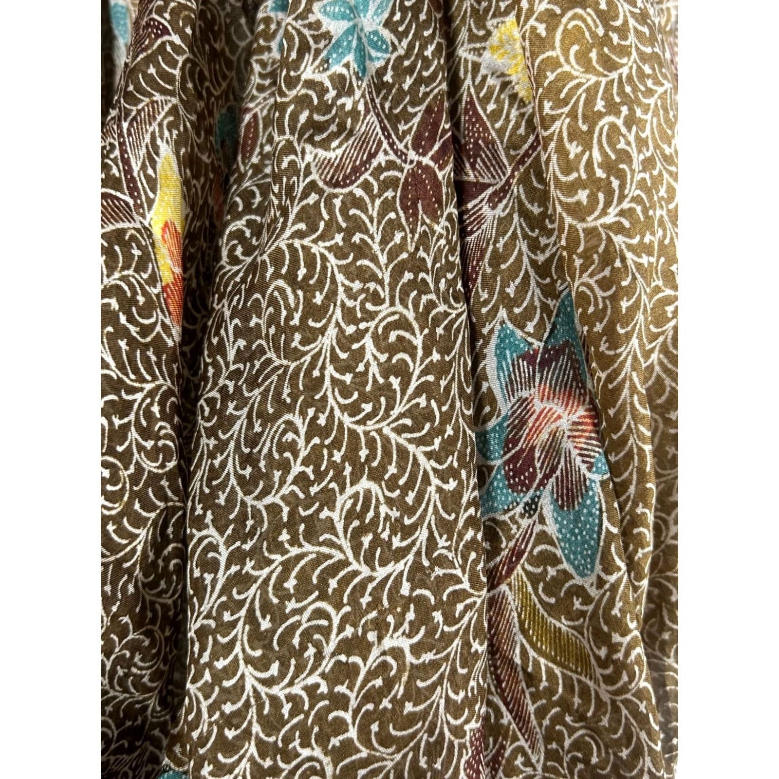 Anthropologie Womens Floral Silk Scarf Fringe Trim Brown Yellow Lightweight Boho 37"x94" Size ONE SIZE - 2 Thumbnail
