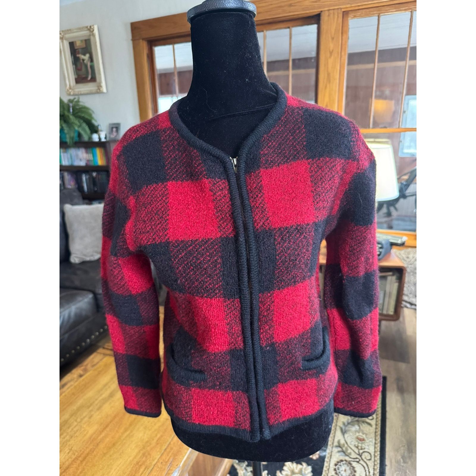 Other Vintage Requirements 100% Wool Buffalo Plaid Zip Cardigan Size S / US 4 / IT 40 - 1 Thumbnail