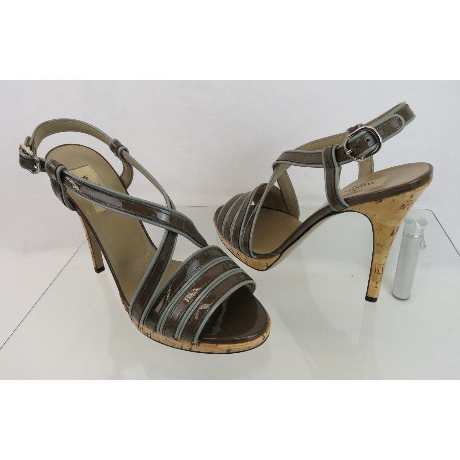 Valentino TAUPE GRAY STRAPPY PATENT LEATHER CORK SANDALS PUMPS 39.5 Size US 9.5 / IT 39.5 - 5 Thumbnail