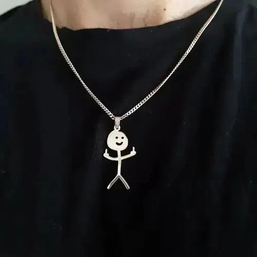 Jewelry Middle Finger Stickman Pendant Necklace in Silver, Men's
