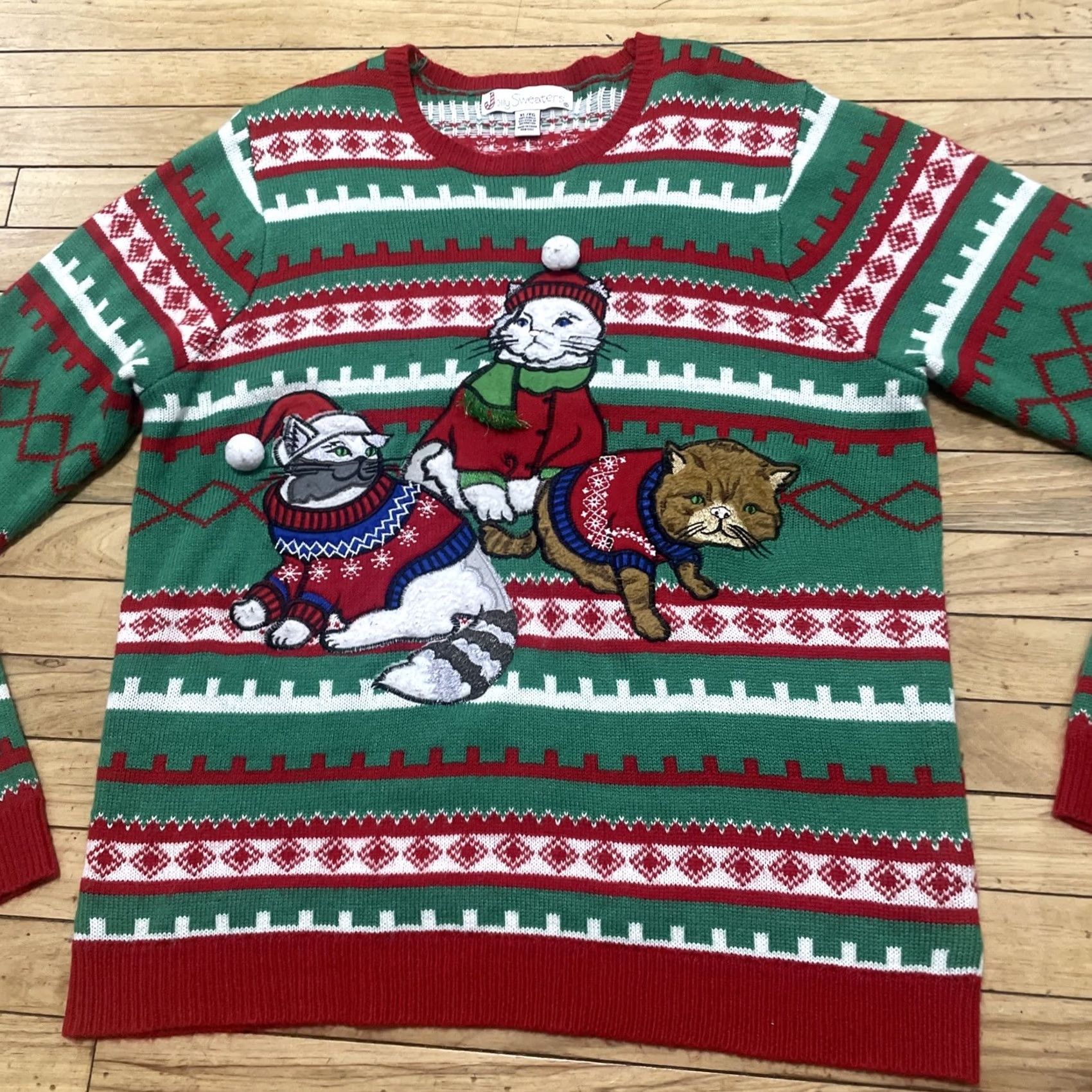 Vintage Jolly Sweaters Cat Christmas Sweater Men XL Red Green 3D Art Ugly Sweater Size US XL / EU 56 / 4 - 4 Thumbnail