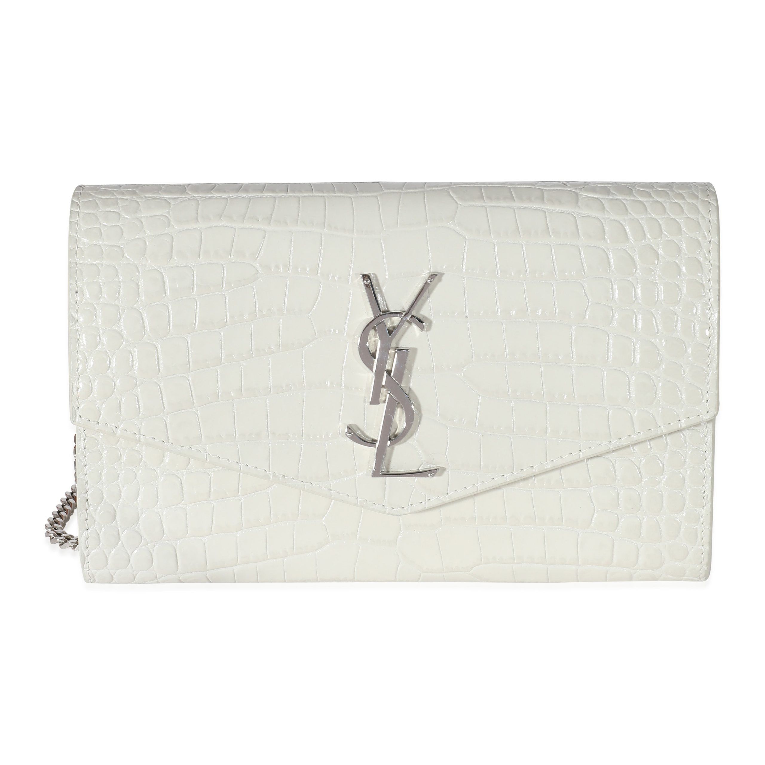 image of YVES Saint Laurent Blanc Croc Embossed Uptown Chain Wallet in White, Women's