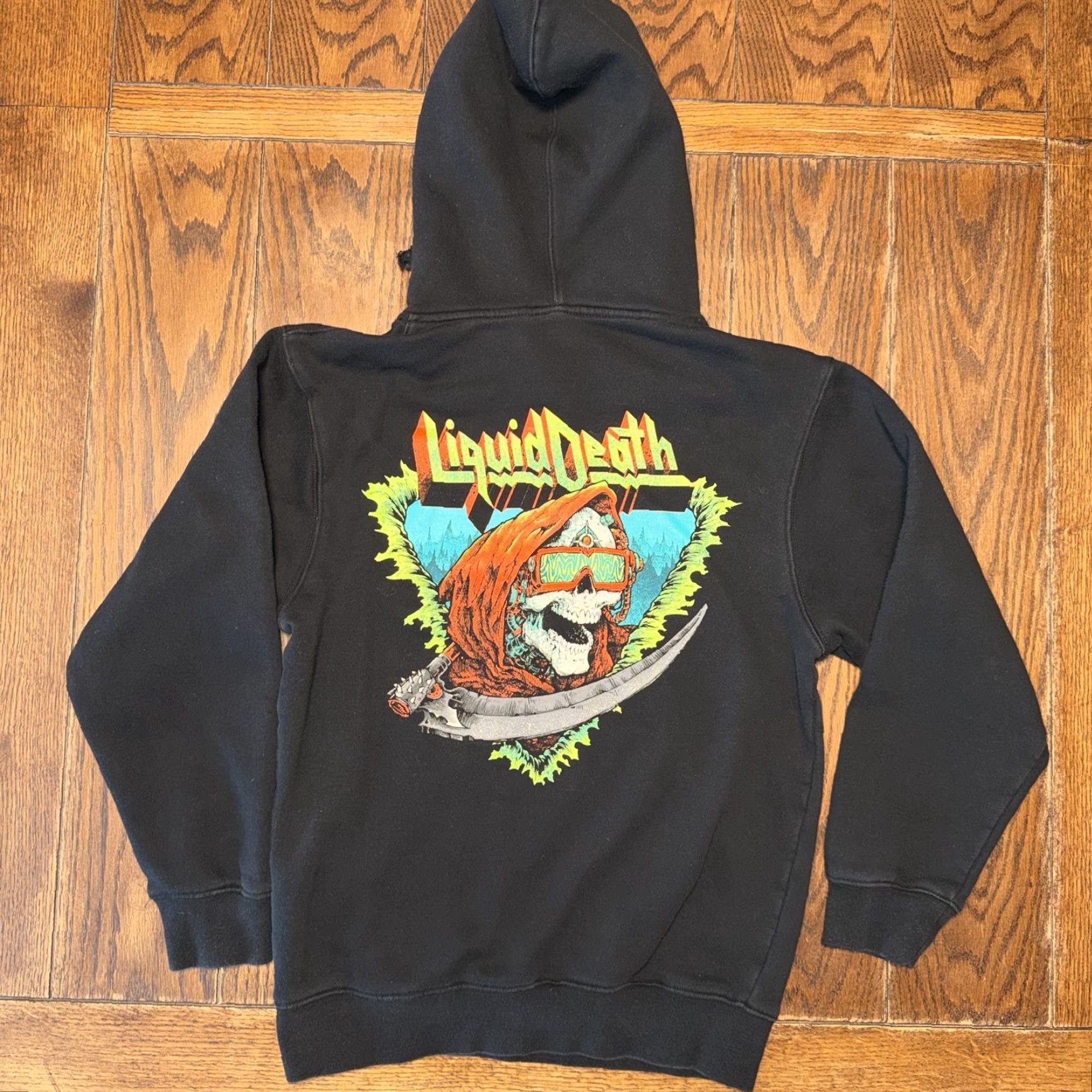 Logo 7 VINTAGE? No — but clothing: Liquid Death Mens Hoodie Sweatshirt Black Medium Graphic Print Logo Grim Reaper Trippy Size US M / EU 48-50 / 2 - 2 Thumbnail