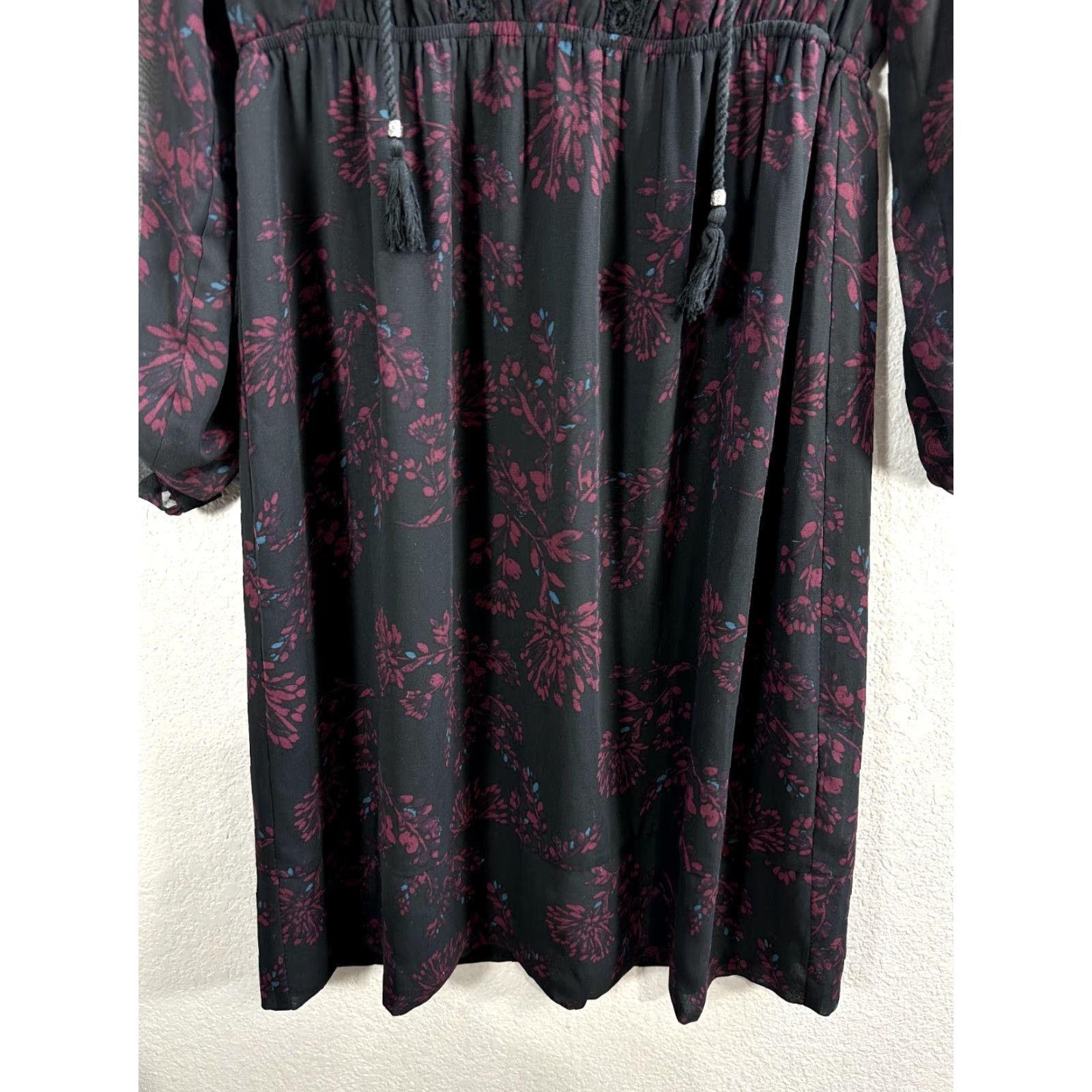 Vintage Motherhood Maternity Floral Mini Dress Sheer Crochet S Black Red Long Sleeve Roll Tab S Womens Size S / US 4 / IT 40 - 5 Thumbnail