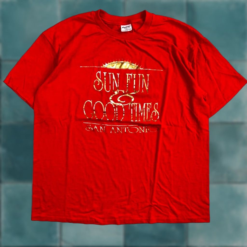 Vintage VINTAGE Stedman T-Shirt Sun Fun Good Times 80s 70s 90s San Antonio Texas Red XL Men Crew Neck Short Sleeve Single Stitch Graphic Print Size US XL / EU 56 / 4 - 1 Thumbnail