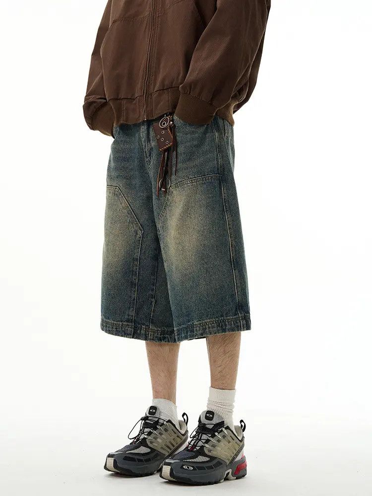 Retro loose wide leg straight leg denim shorts
