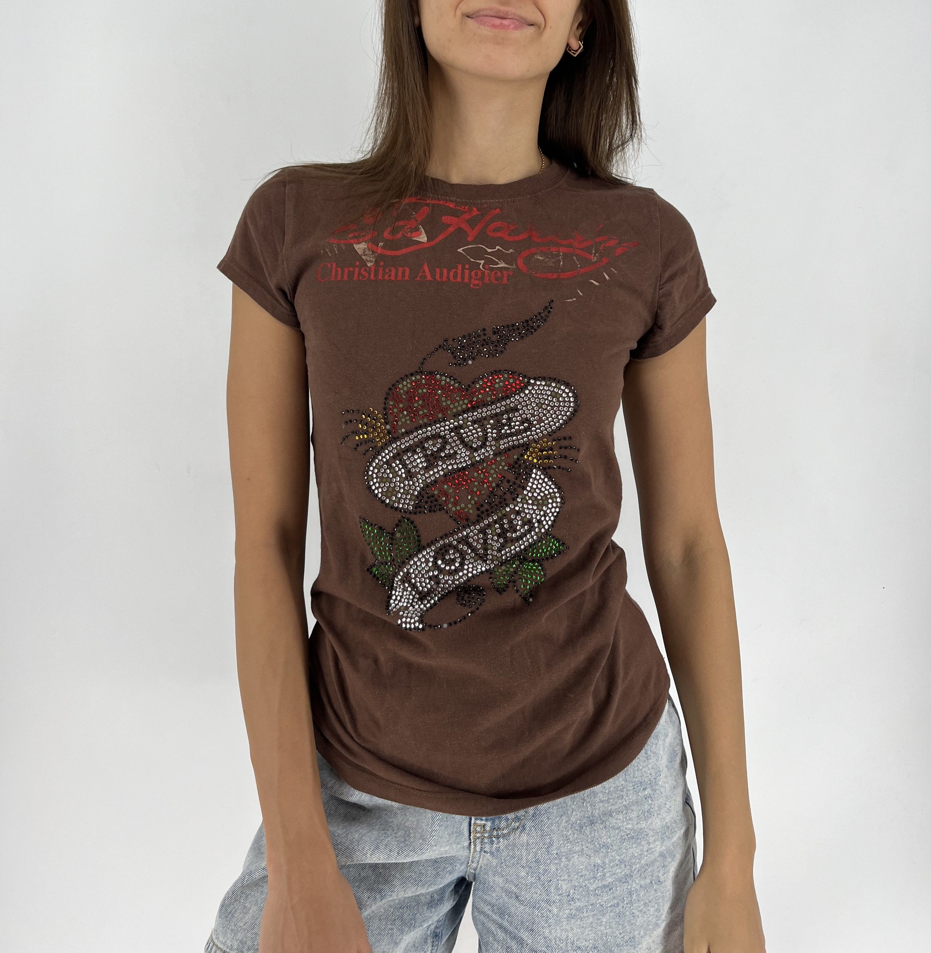 Christian Audigier × Ed Hardy Vintage Y2K Christian Audigier Women’s Rhinestones T-Shirt Size L / US 10 / IT 46 - 2 Thumbnail