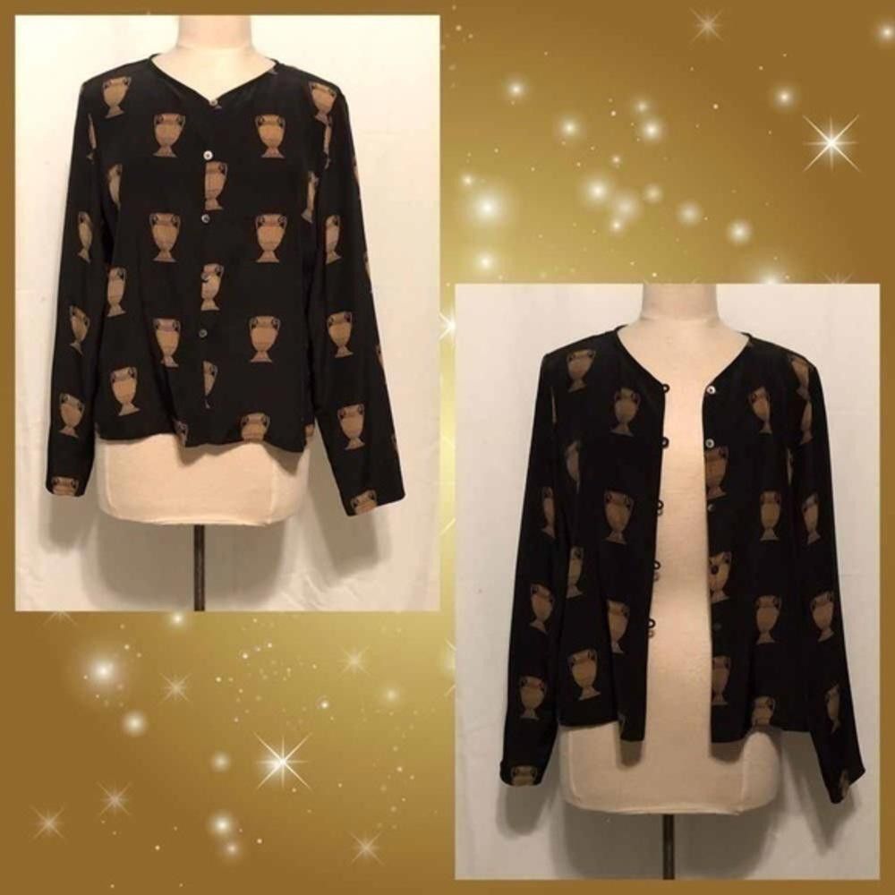 Designer Black Silk Blouse with Golden Urns - NWOT Size M / US 6-8 / IT 42-44 - 1 Thumbnail