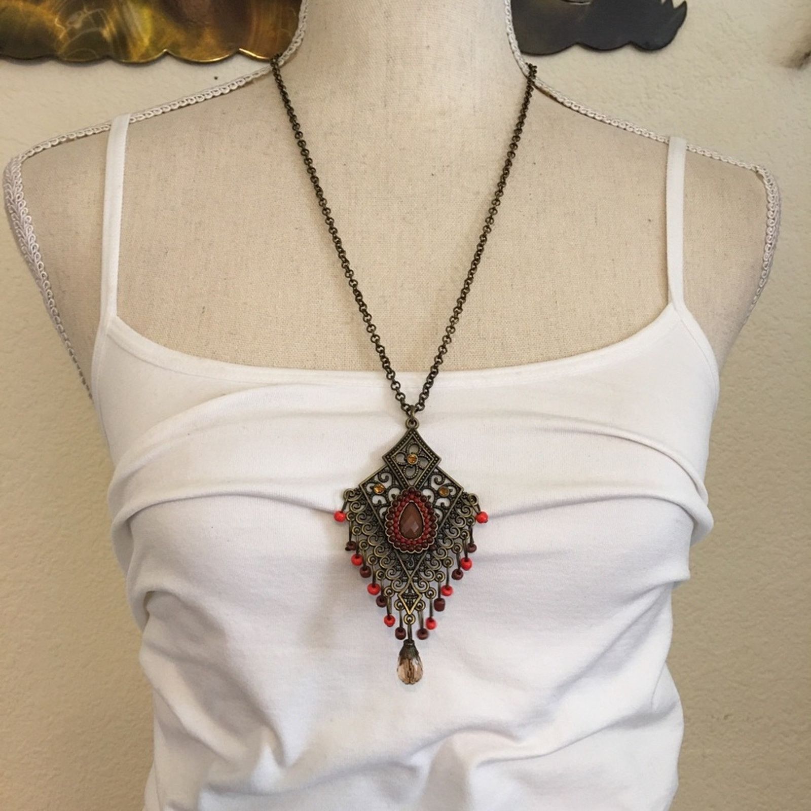 Jewelry Aged brass tone dangle bead medallion necklace Size ONE SIZE - 2 Thumbnail