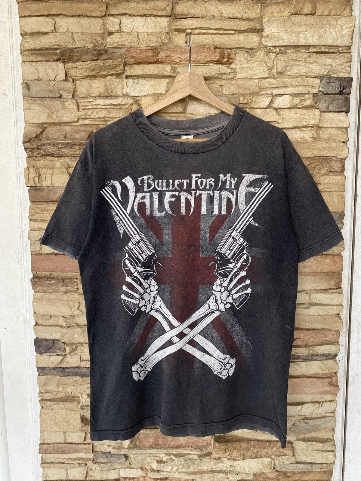 Vintage Bullet For My Valentine Skeleton Hands Crossed Guns Union Jack Band Tees Faded