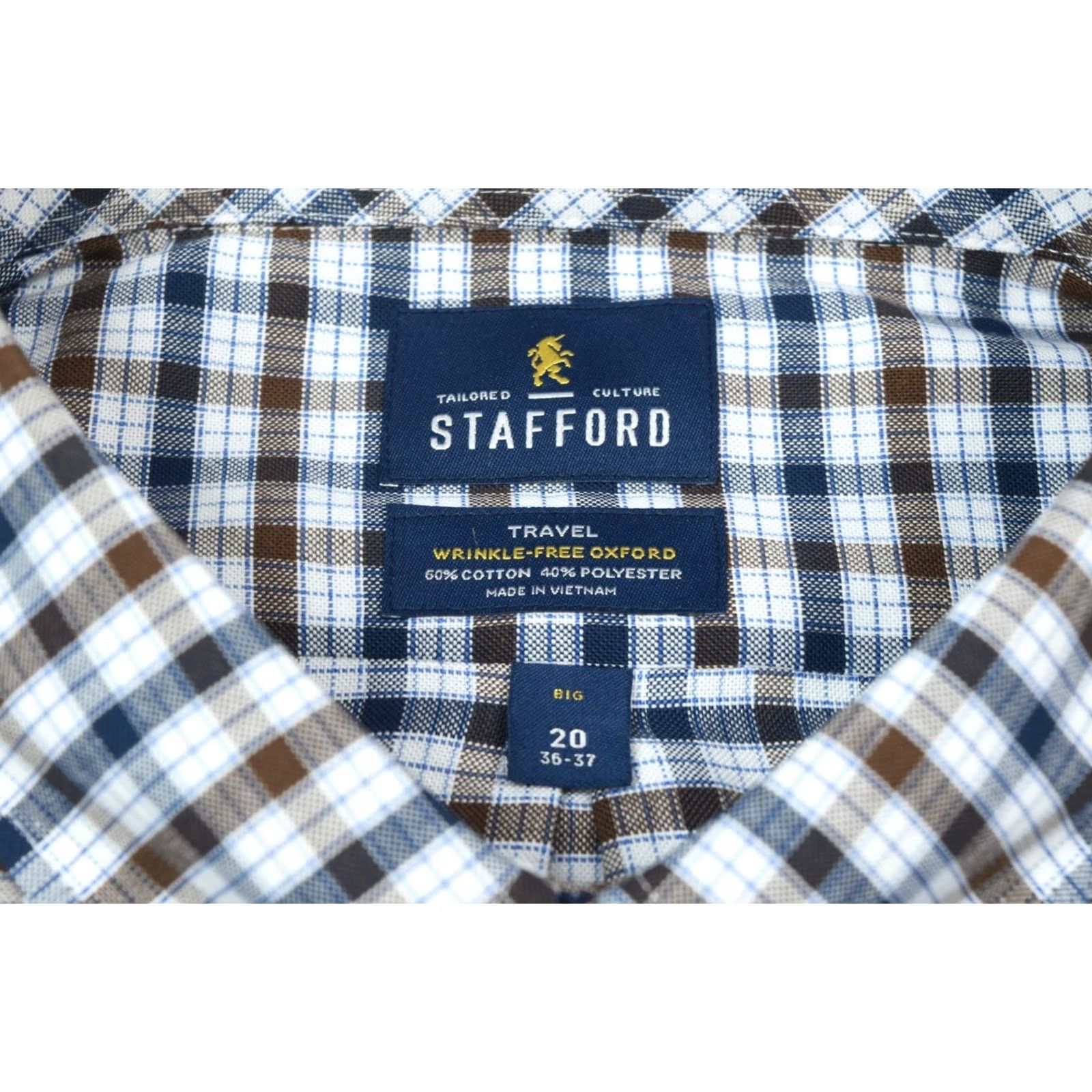Stafford STAFFORD Travel Stretch Oxford Shirt Mens Big 20 Brown Blue Plaid Button-Down Size US XXL / EU 58 / 5 - 6 Thumbnail