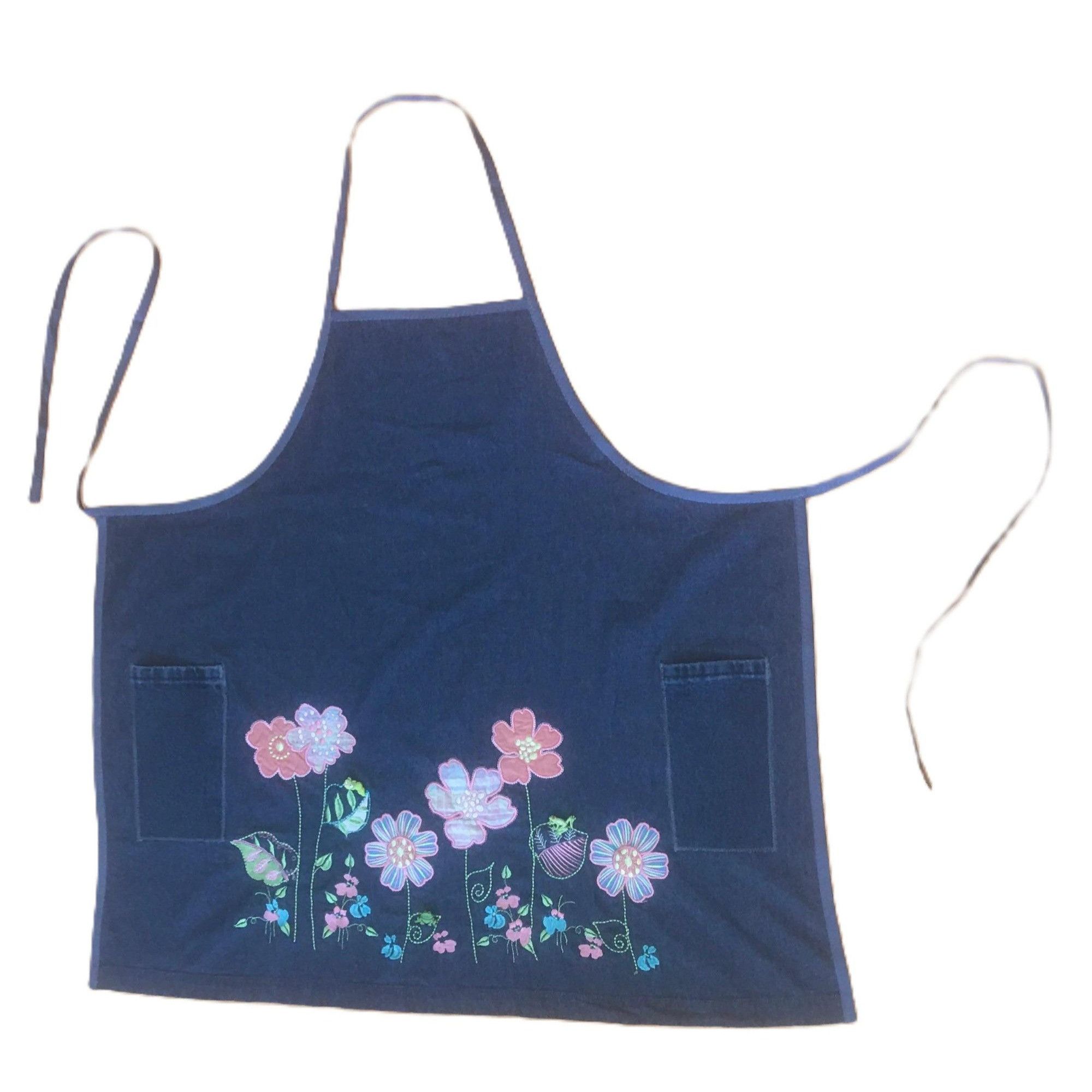 Handmade Adjustable Bib Apron Denim w/ Pockets Embroidery & Applique Size ONE SIZE - 2 Thumbnail