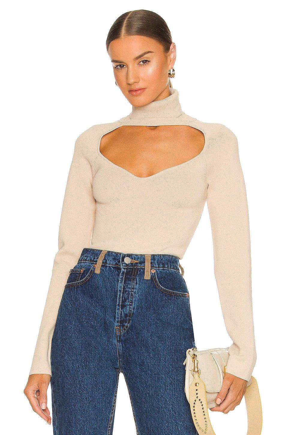 Nanushka Fah Cut-Out Knit Light Beige Turtleneck Top Small