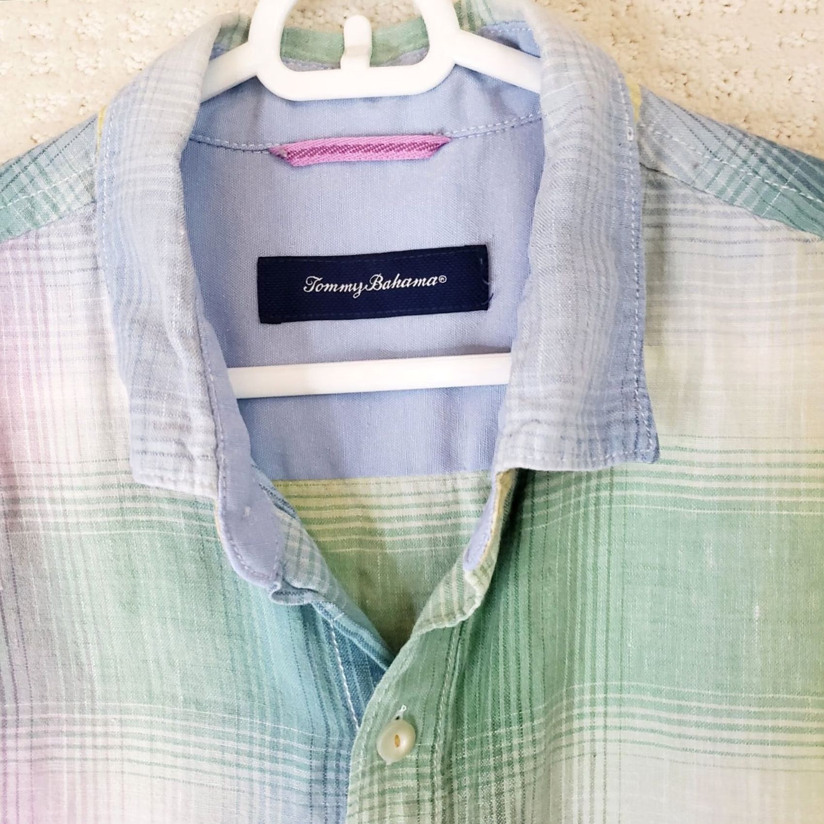 Tommy Bahama Tommy Bahama Men's M Purple Multicolor Plaid 100% Linen Short Sl Shirt Fish Logo Size US M / EU 48-50 / 2 - 4 Thumbnail
