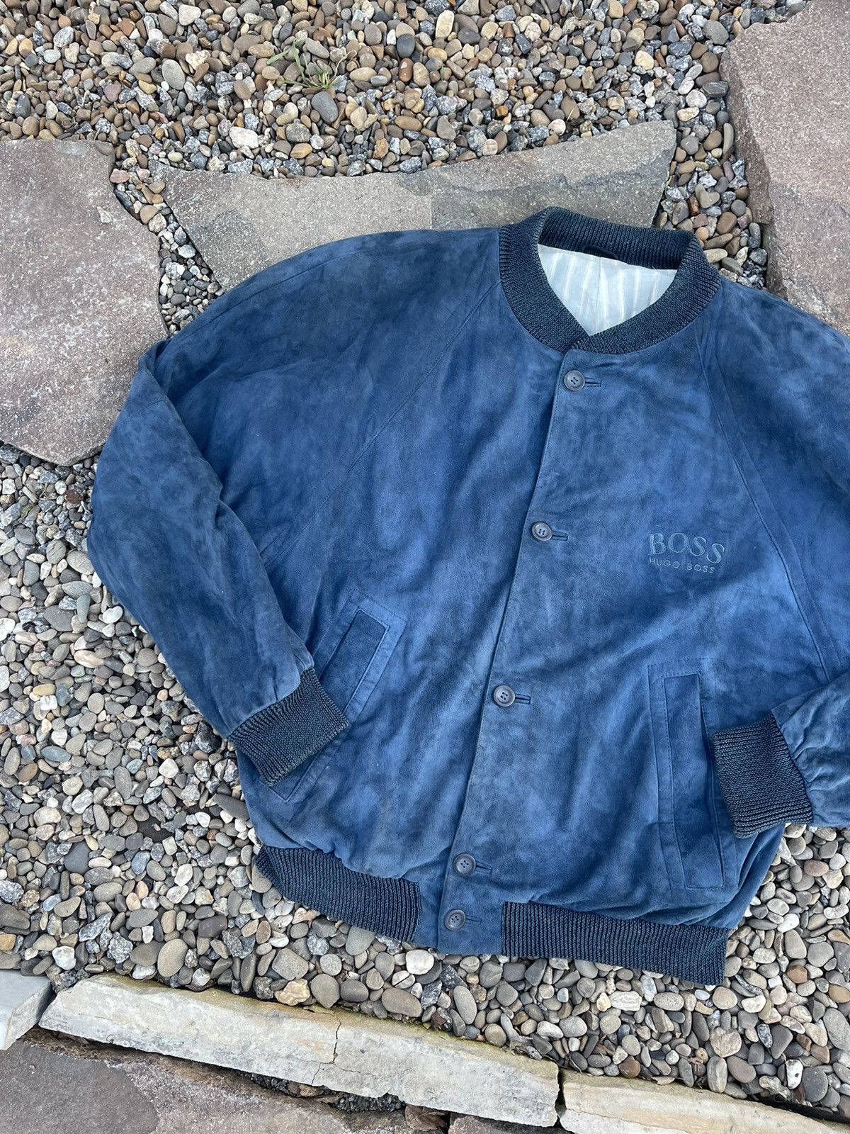 Hugo Boss × Vintage 90’s Boss Luxury navy suede bomber jacket vintage leather Size US L / EU 52-54 / 3 - 5 Thumbnail