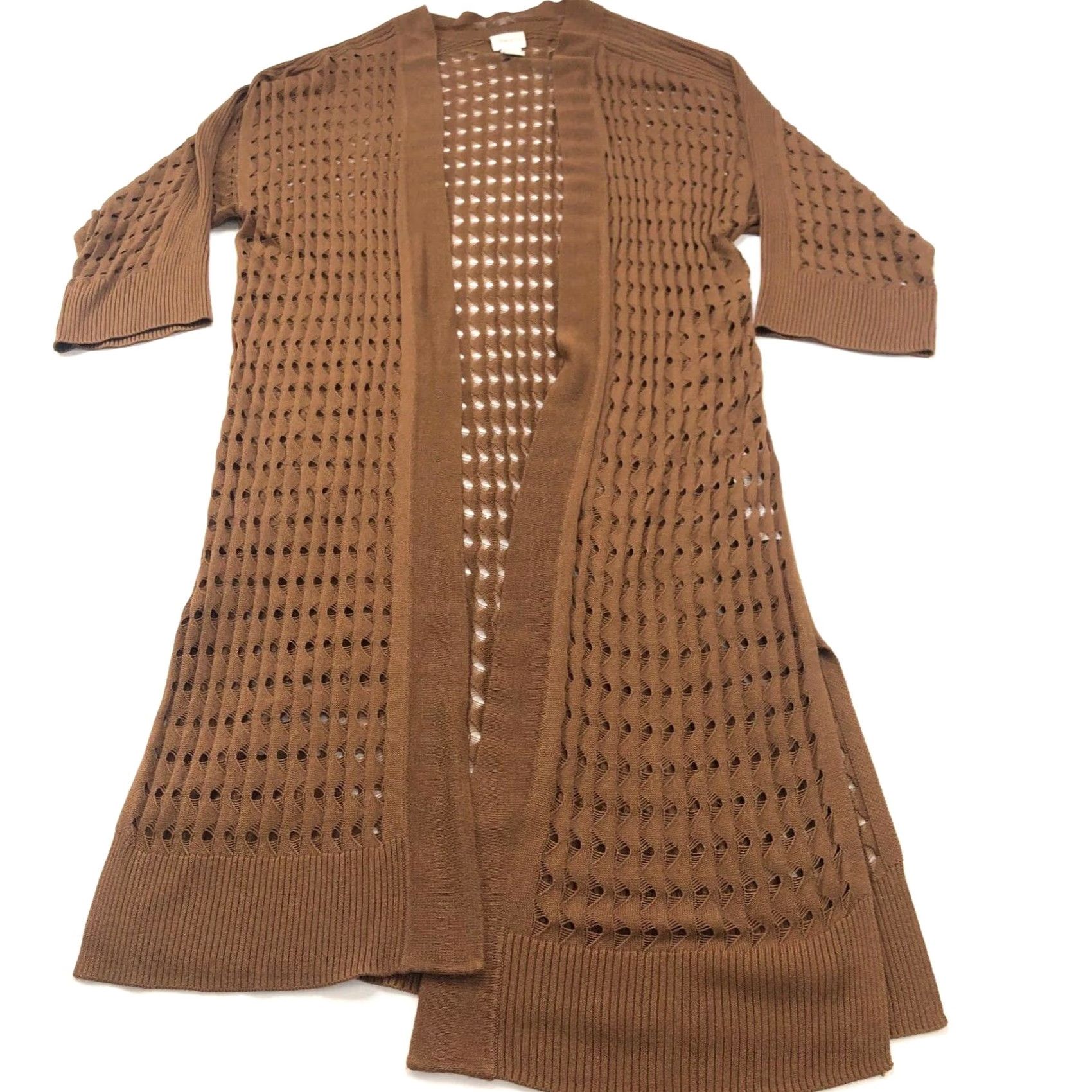 Vintage Chico's 2 Brown Geometric Rayon 3/4 Sleeve Cardigan Open Front Duster Sweater Size XS / US 0-2 / IT 36-38 - 2 Thumbnail