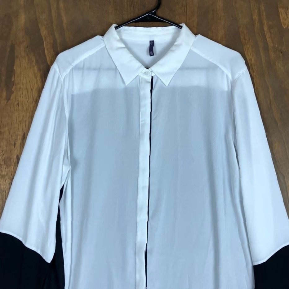 NYDJ NYDJ Blouse White Black Collared Long Sleeve Button Down Sheer XL Women’s Shirt Front View Casual Workwear Boho Preppy 2000s? Size XL / US 12-14 / IT 48-50 - 2 Thumbnail