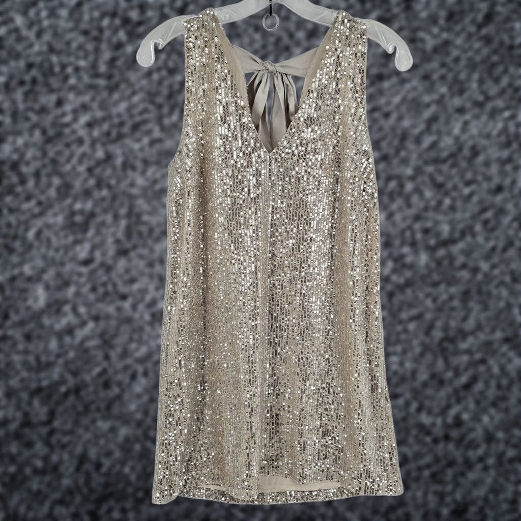 gold dress loft LOFT Womens 2 Sequin Sleeveless Shift Party Cocktail Holiday Sparkle Dresses Bell Sleeve