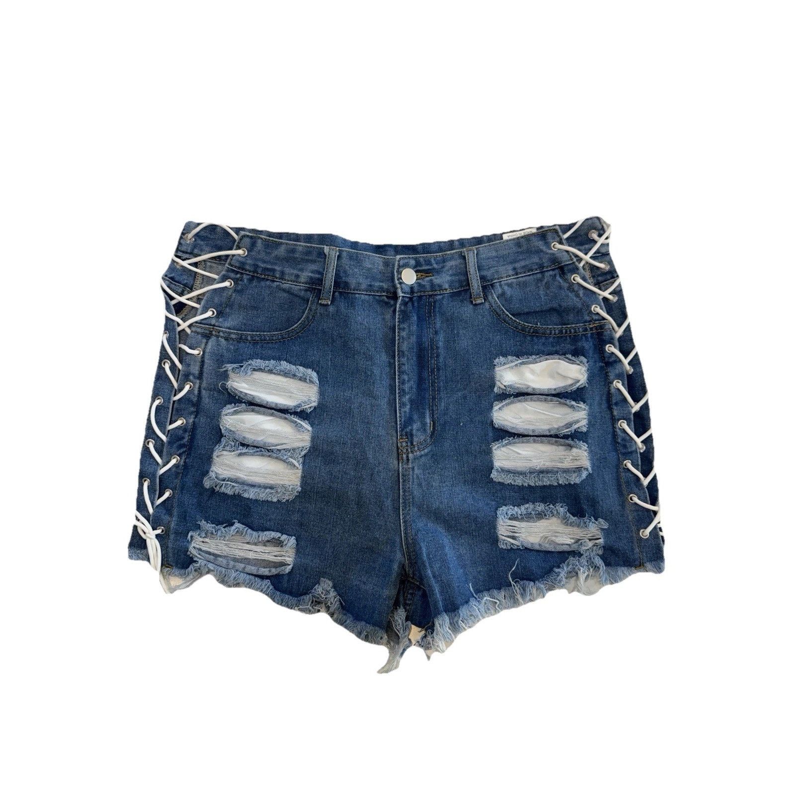 Shein Shein Women Distressed Denim Shorts Lace Up Sides Frayed XL Size 36" / US 14 / IT 50 - 1 Thumbnail
